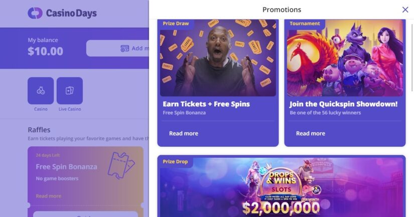 Existing player promotions and offers for those making a $10 deposit.