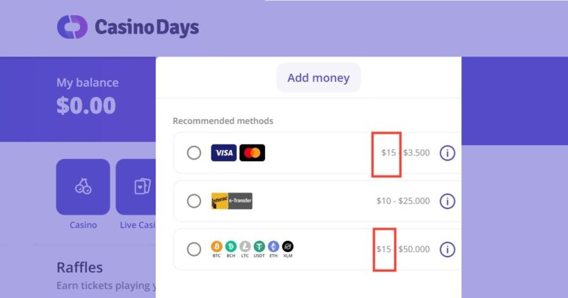 Payment methods requiring a deposit above $10