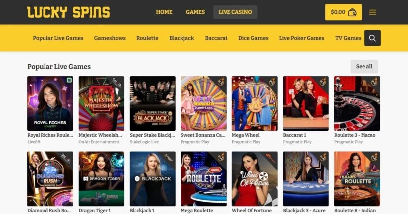 Most of these live games are powered by Pragmatic Play, with additional titles available from other providers such as OnAir Entertainment, BetGames.tv, and more.