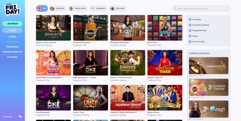 The live casino segment at Casino Friday