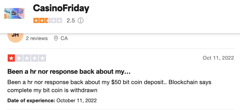 A negative review from a Casino Friday player