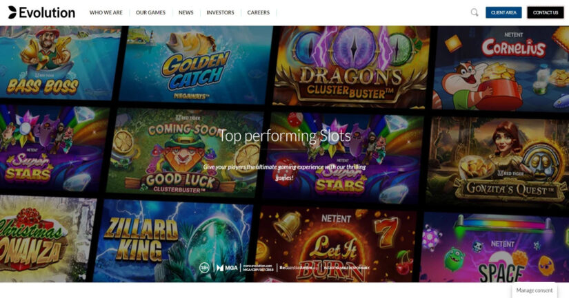 Homepage of Evolution Gaming, a leading slots provider