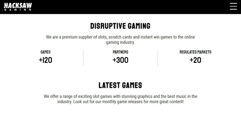 Homepage of Hacksaw Gaming, a game supplier