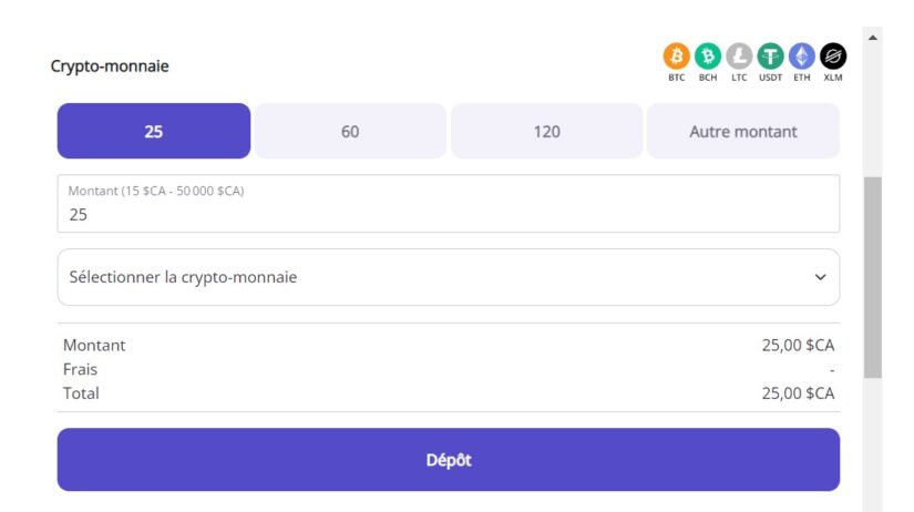 Un exemple de dépôt en crypto chez Casino Days