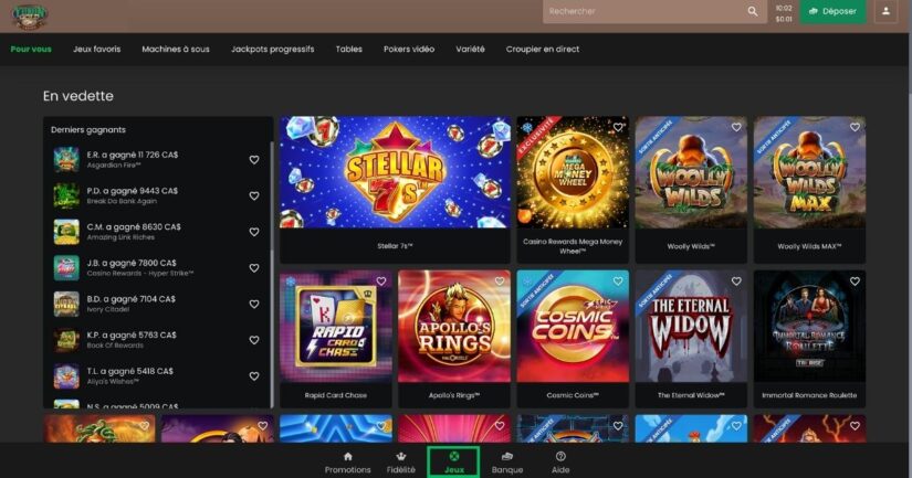 Jeux mis en avant dans l'onglet jeux de Yukon Gold Casino