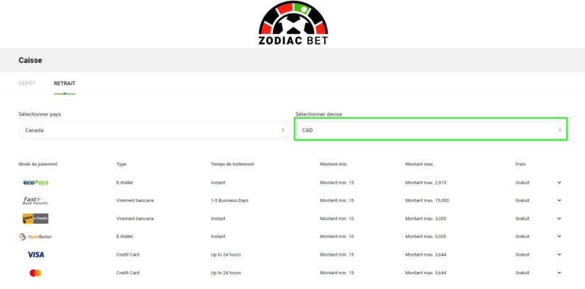 méthodes de paiement accessibles chez ZodiacBet